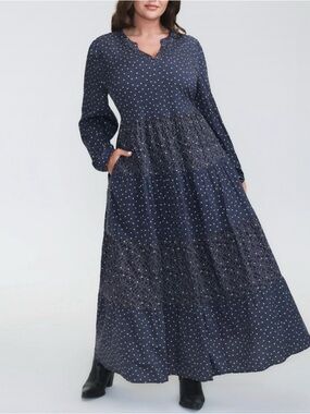 BloomChic Navy and White Polka Dot Tiered Maxi Dress